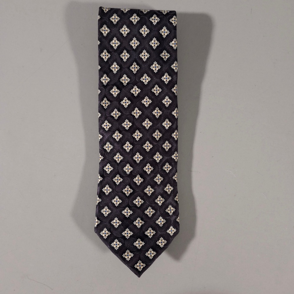 Jos. A. Bank Necktie Mens OS Navy Blue Silk Geometric Floral Medallion Handsewn